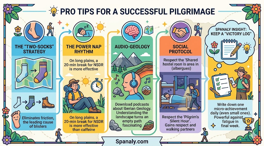 A colorful infographic presenting professional tips for a successful Vía de la Plata pilgrimage, covering sock strategies, power nap rhythms, audio-geology, social protocols, and victory logs.