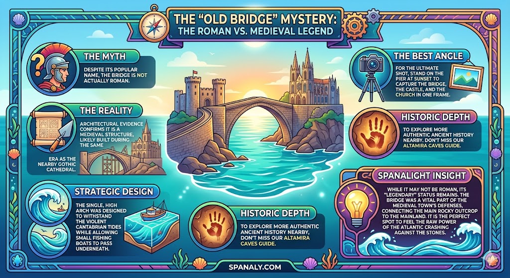 Infographic explaining the history and legend of the Medieval stone bridge in Castro Urdiales, often called Puente Romano.