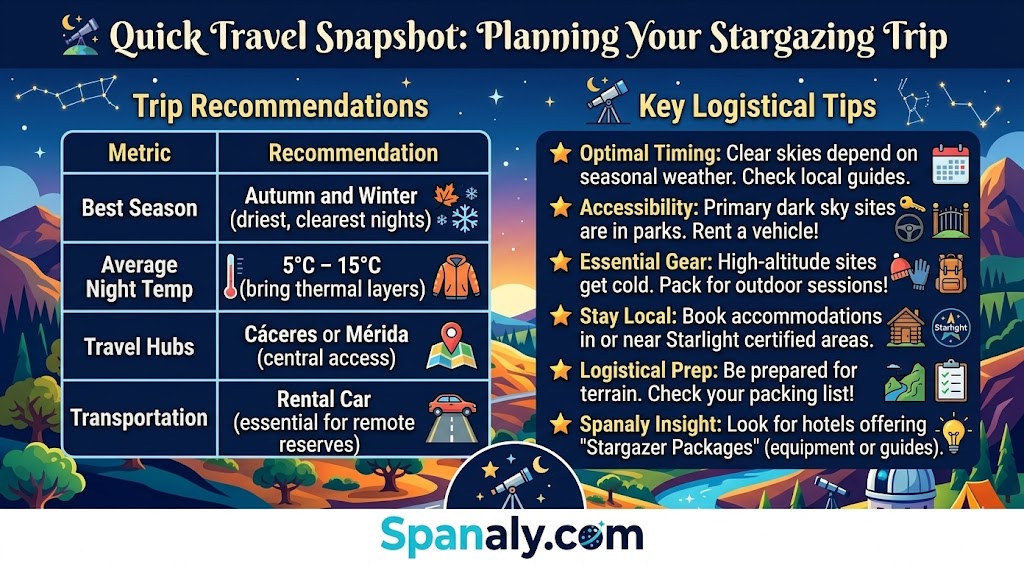 An informative infographic guide for planning a stargazing trip in Extremadura, detailing best seasons, temperatures, travel hubs, and logistics for night sky observation.