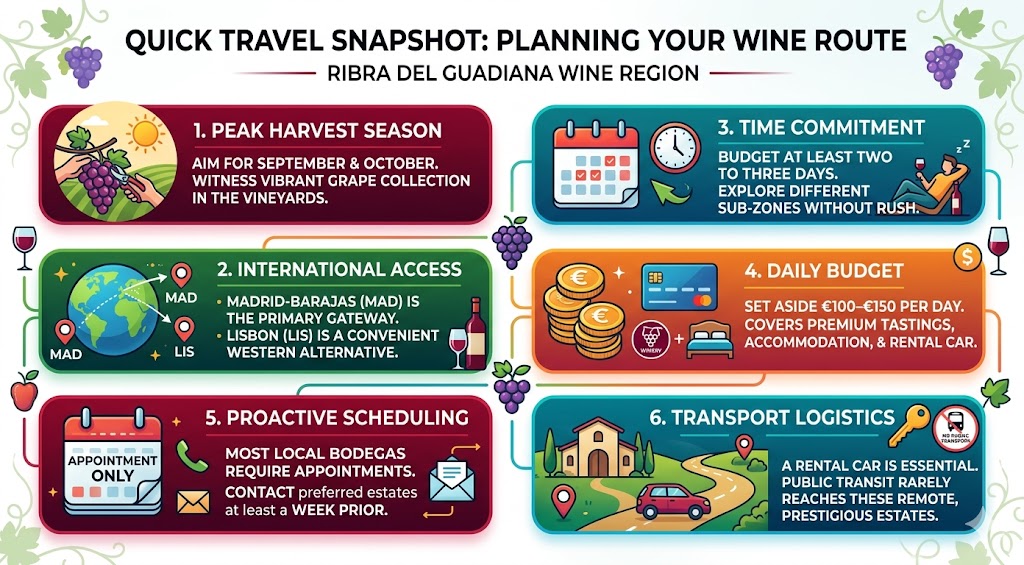 Infographic snapshot for planning a Ribera del Guadiana wine route, featuring travel logistics, peak harvest seasons, booking tips, and essential transport advice.