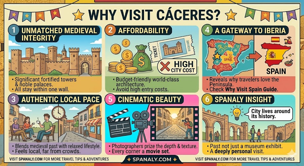 Creative travel infographic explaining why to visit Cáceres, Spain, highlighting its medieval integrity, affordability, cinematic beauty, and local lifestyle by Spanaly.com.