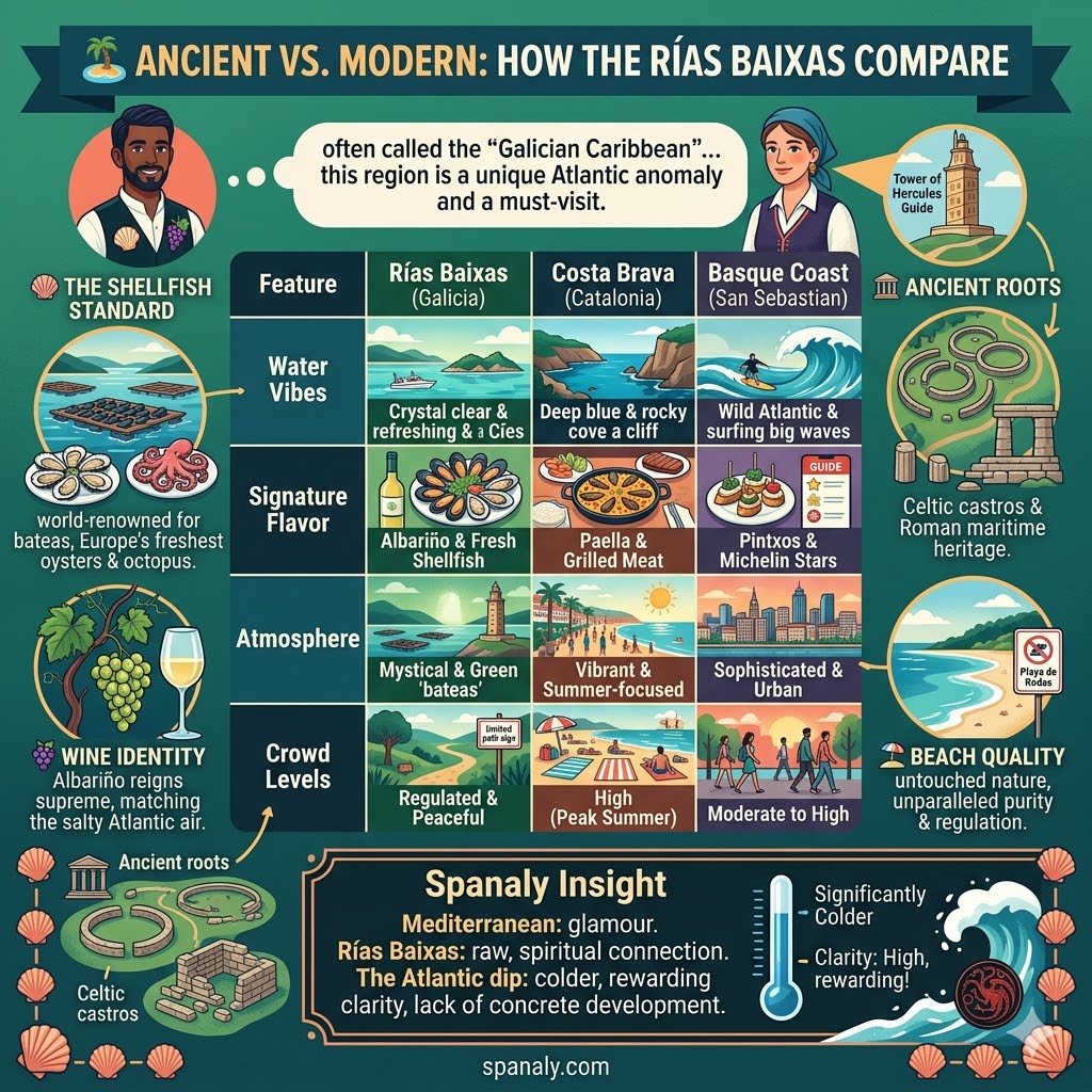 Comparison table infographic between Rías Baixas, Costa Brava, and Basque Coast highlighting water vibes, flavors, and atmosphere.