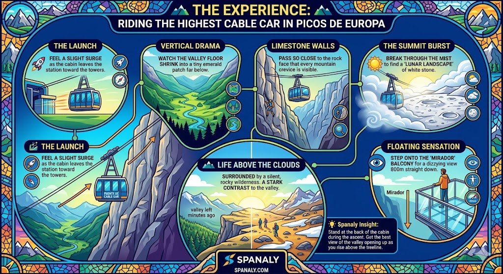 Infographic showing the experience of riding the Fuente Dé Cable Car, featuring the vertical launch, limestone walls, and the summit mirador.
