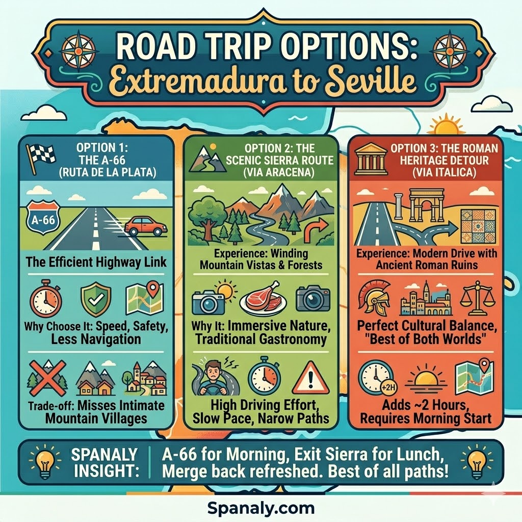 Infographic comparing road trip routes from Extremadura to Seville, highlighting the A-66 highway, Sierra de Aracena scenic detours, and Roman heritage stops.