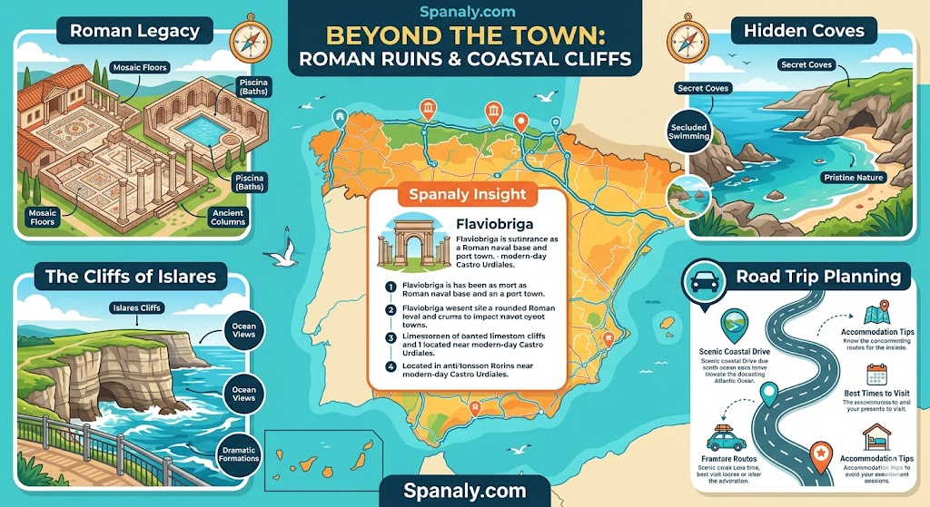 Infographic showing Flaviobriga Roman ruins and Islares coastal cliffs near Castro Urdiales with road trip tips.