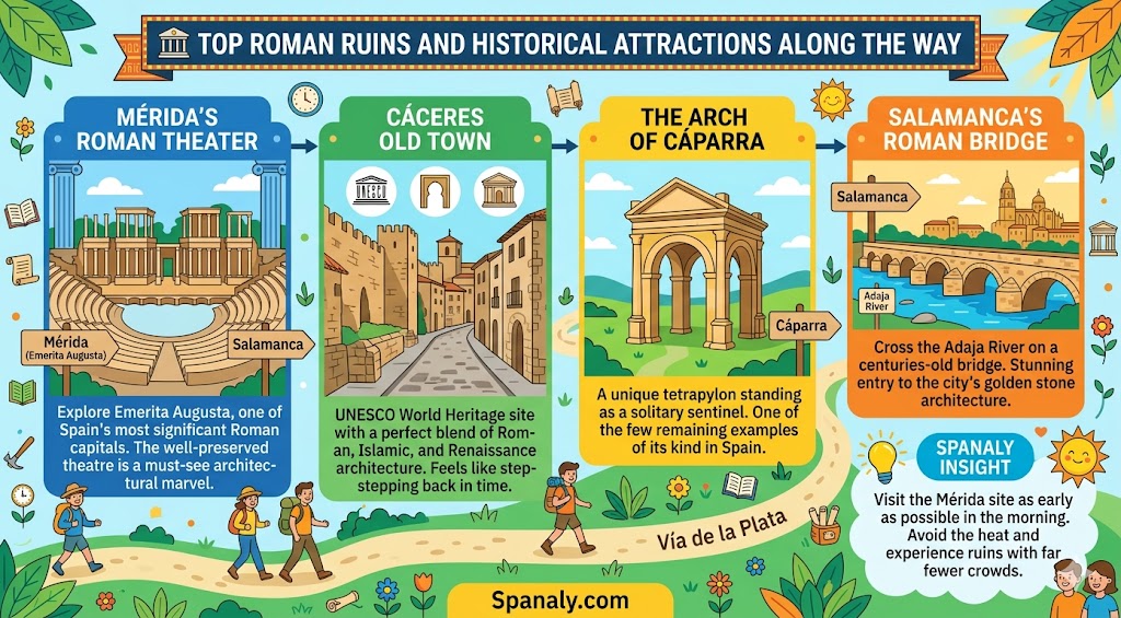 A colorful infographic highlighting top Roman ruins and historical attractions along the Vía de la Plata, including the Roman Theatre of Mérida, Cáceres Old Town, Arch of Cáparra, and Salamanca’s Roman Bridge.