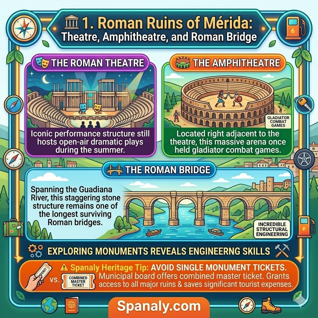 Roman ruins of Merida infographic showing the ancient theatre amphitheatre and historic stone roman bridge over Guadiana river