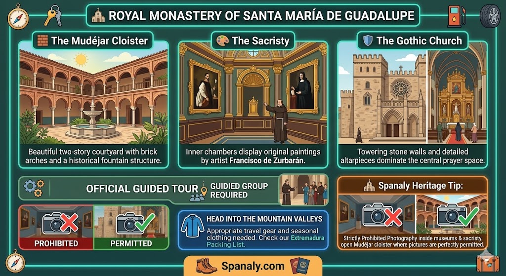 Royal Monastery of Santa Maria de Guadalupe infographic displaying the Mudejar cloister sacristy and Gothic church highlights