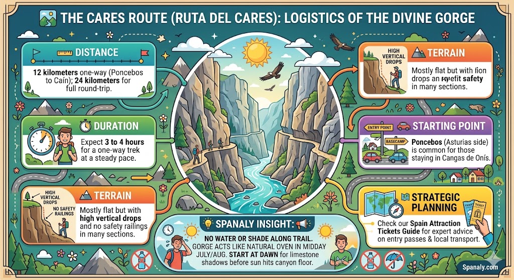 Infographic of the Ruta del Cares hiking trail in Asturias showing distance duration and terrain logistics.