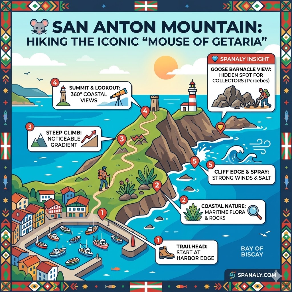 A colorful 1024x1024 hiking infographic map of Mount San Anton, known as the "Mouse of Getaria," showing the trail, coastal flora, steep climb warnings, and the 360-degree Bay of Biscay views.