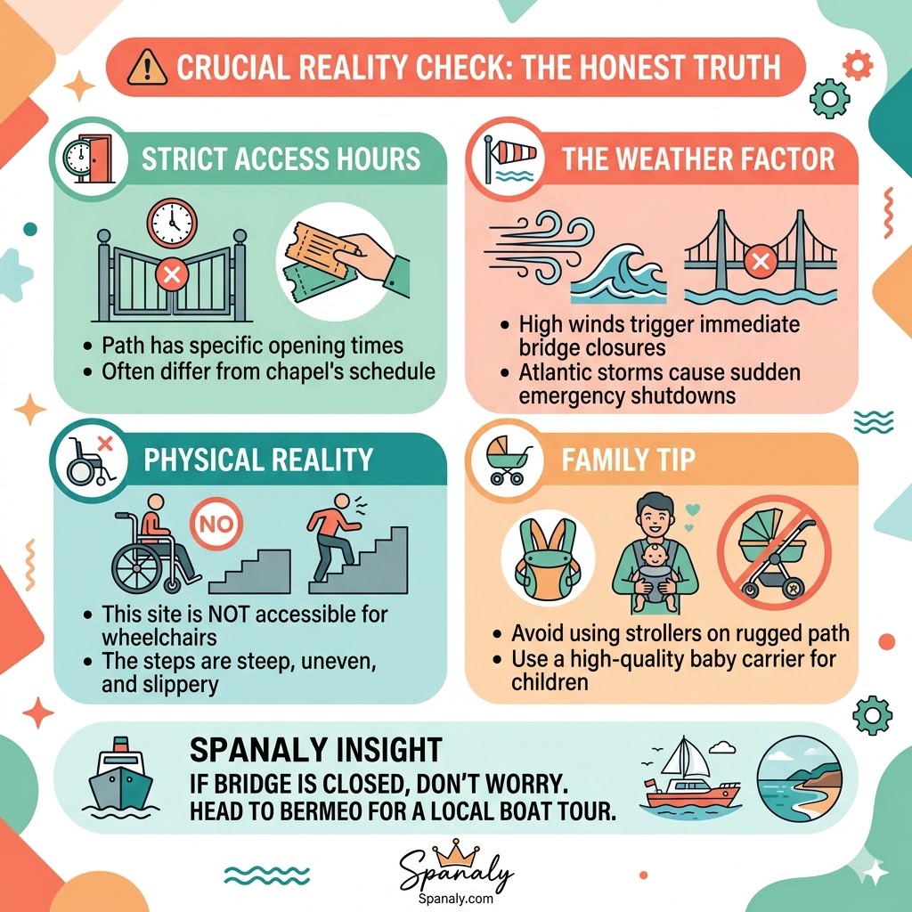 A colorful infographic in a modern digital flat illustration style with a fresh palette, detailing crucial reality checks for visiting San Juan de Gaztelugatxe. It includes panels on Strict Access Hours, The Weather Factor (high winds, storms), Physical Reality (not accessible, steep steps), and a Family Tip (no strollers, use baby carriers). It also features a signature Spanaly Insight about local boat tours.