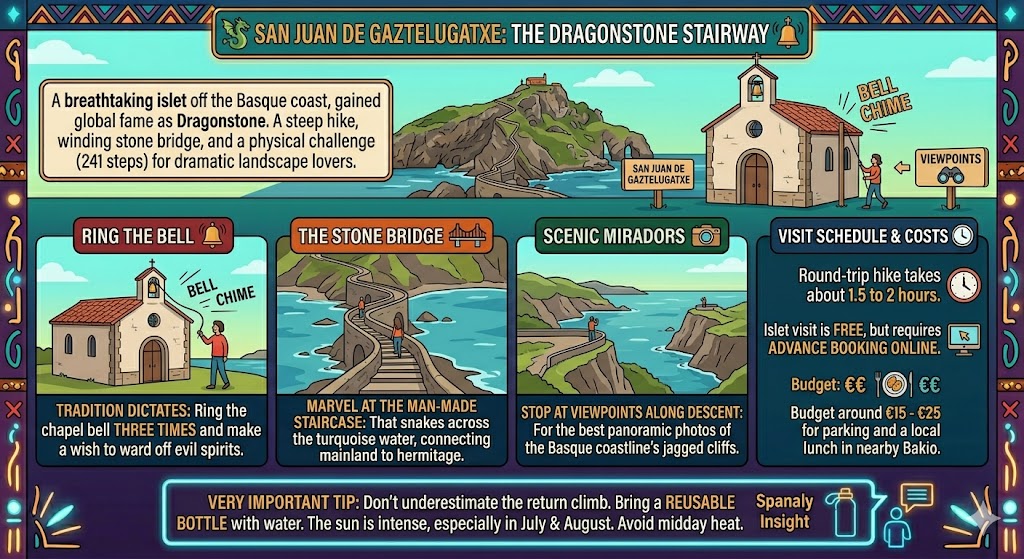 Infographic guide to San Juan de Gaztelugatxe in the Basque Country showing the stone bridge, 241 steps, chapel bell tradition, and hiking tips.
