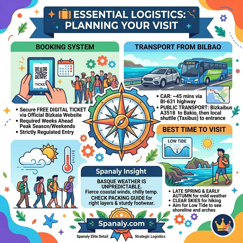 A colorful infographic illustrating essential logistics for visiting San Juan de Gaztelugatxe, detailing the booking system, transport from Bilbao (Bizkaibus, car), best time to visit (low tide, mild weather), and a weather insight from Spanaly.com.