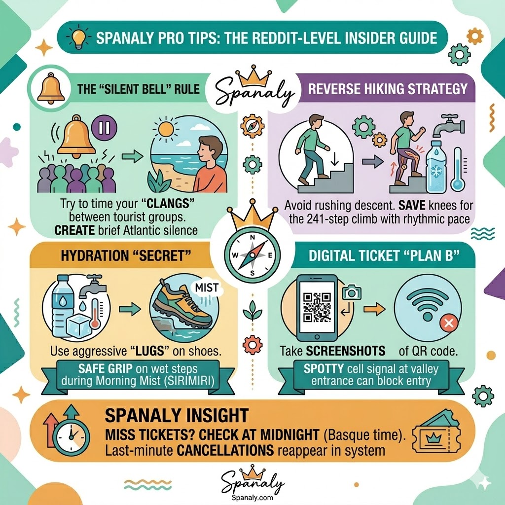 An infographic illustrating five expert Pro Tips for San Juan de Gaztelugatxe, including the Silent Bell Rule, Hiking Strategy, Hydration Secret, Shoe Traction, and Digital Ticket Plan.
