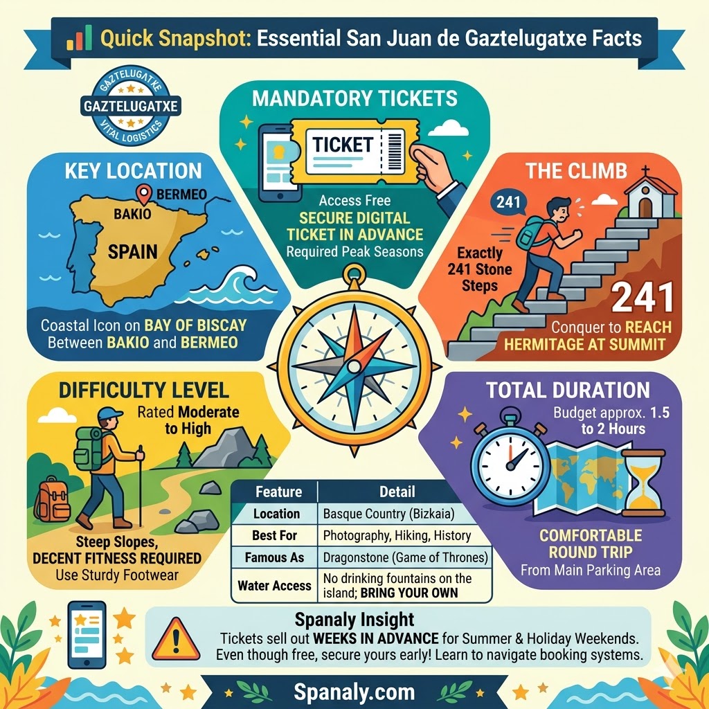 A vibrant, modern infographic detailing essential facts for visiting San Juan de Gaztelugatxe, including mandatory tickets, 241 stairs, moderate difficulty, 2-hour duration, and location.