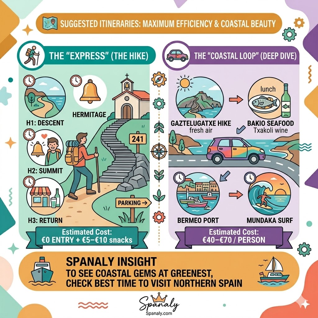 A colorful infographic illustrating two suggested itineraries for San Juan de Gaztelugatxe, featuring the 'Express' hike and the 'Coastal Loop' with estimated costs and key stops.