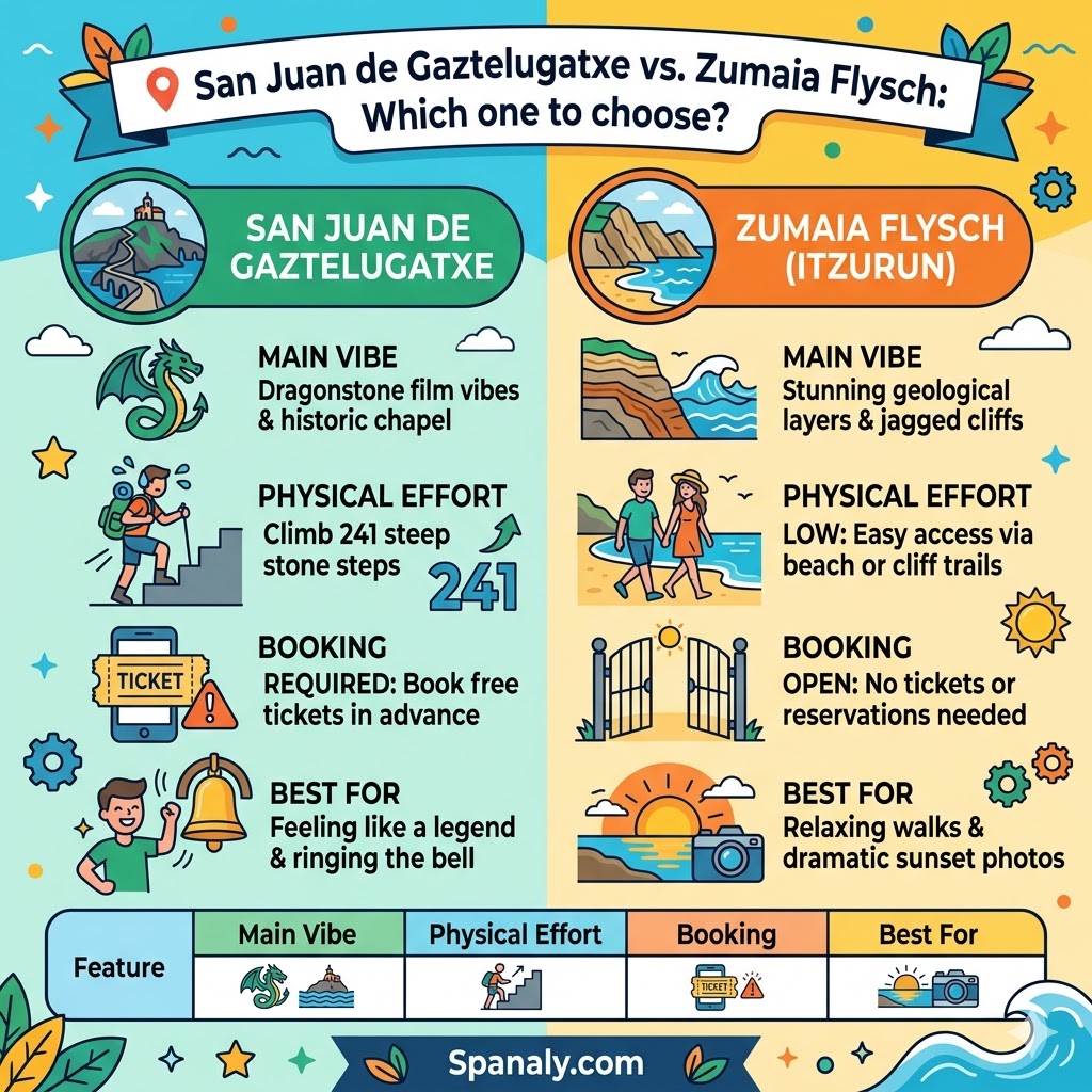 A colorful infographic side-by-side comparison of San Juan de Gaztelugatxe vs. Zumaia Flysch, detailing vibes, physical effort (241 stairs vs. low), booking (required vs. open), and best for (legend vs. relax).