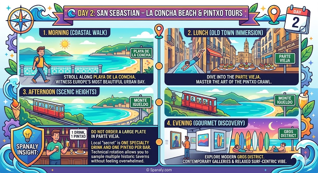 A 24-hour travel itinerary infographic for San Sebastian featuring La Concha Beach, pintxo bars in Parte Vieja, Monte Igueldo funicular, and the Gros District.
