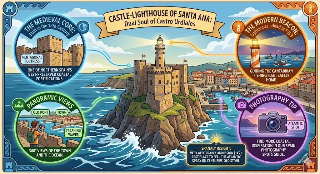 Infographic of the Castle-Lighthouse of Santa Ana in Castro Urdiales, showing the 13th-century stone fortress, the 1853 lighthouse tower, and panoramic views of the Cantabrian Sea by Spanaly.com