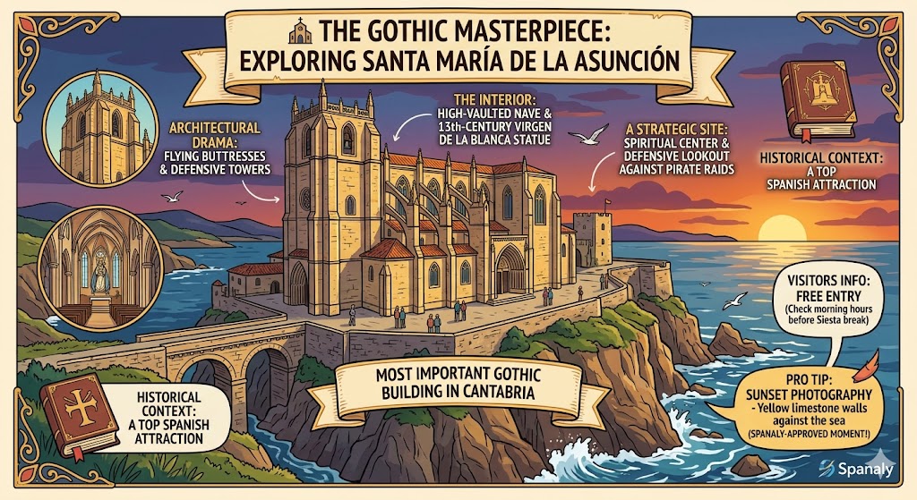 Infographic of Santa María de la Asunción Church in Castro Urdiales, highlighting its 13th-century Gothic architecture, flying buttresses, and cliffside location overlooking the sea by Spanaly.com
