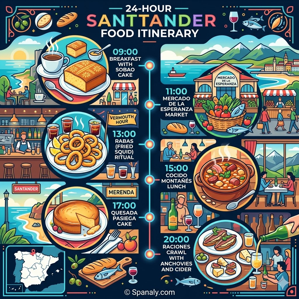 A 24-hour food itinerary for Santander featuring breakfast with Sobao, market visits, lunch with Cocido Montañés, and evening raciones with cider.
