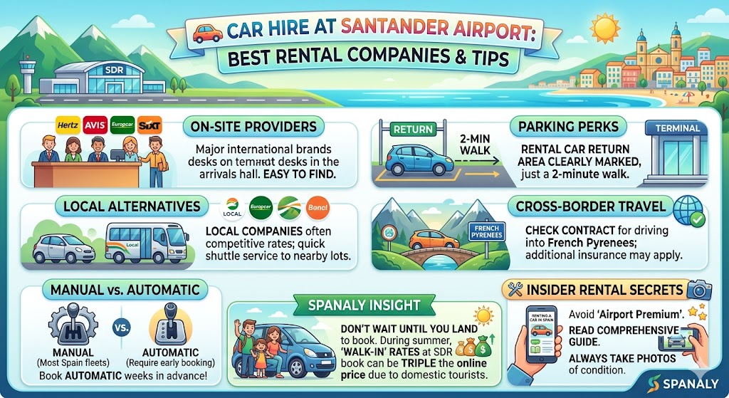 Infographic for car hire at Santander Airport (SDR) featuring top rental companies, parking perks, and expert tips for booking manual vs automatic cars.