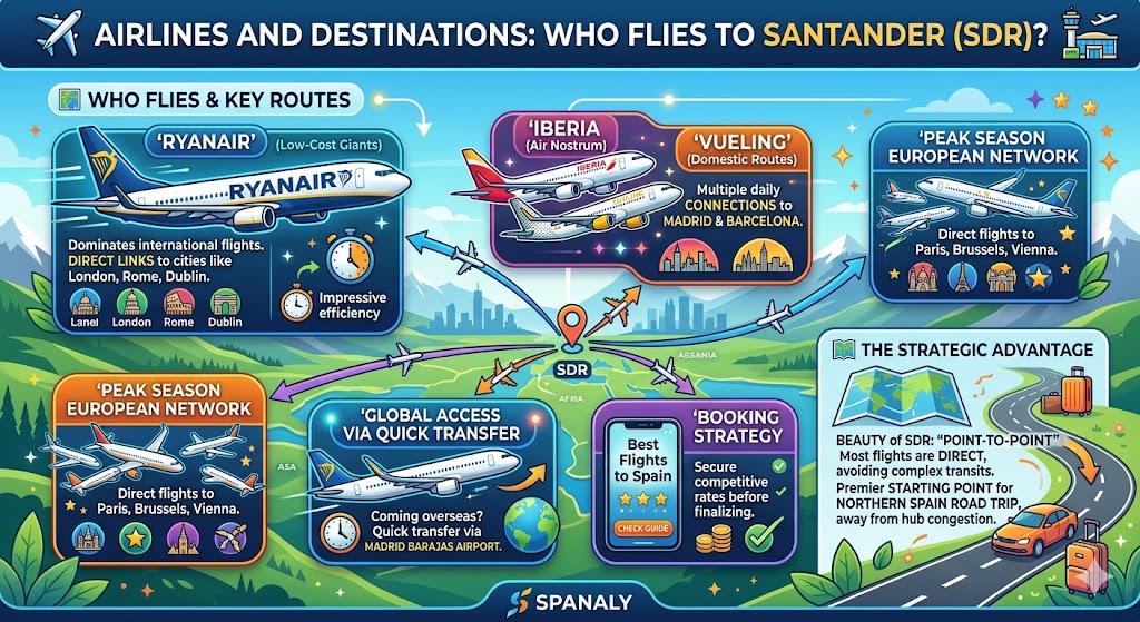 Infographic of airlines and destinations at Santander Airport (SDR) featuring Ryanair, Iberia, and Vueling routes across Europe and Spain.