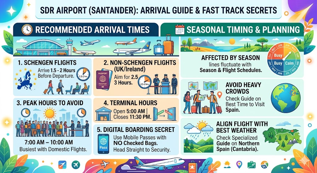 Infographic guide to Santander Airport SDR arrival times, security wait times, Schengen vs non-Schengen flights, and peak hours in Spain.