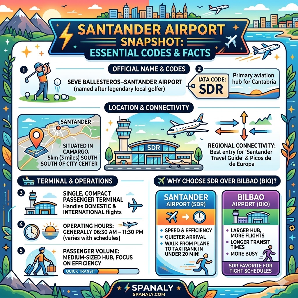 Infographic of Santander Airport (SDR) essential facts including IATA code, location in Camargo, operating hours, and a comparison with Bilbao Airport (BIO).