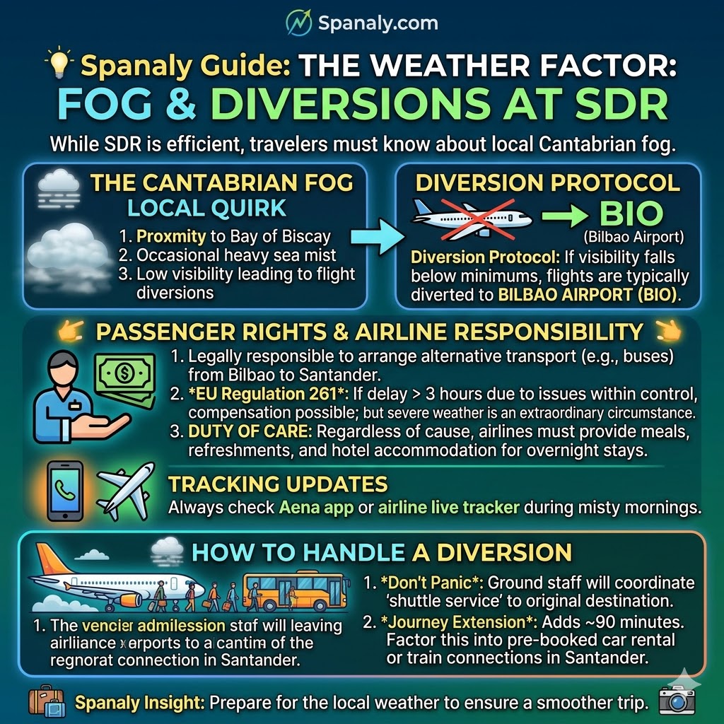 SEO-optimized infographic about Santander Airport (SDR) weather diversions, explaining the Cantabrian fog, diversion protocols to Bilbao Airport (BIO), passenger rights under EU Regulation 261, and airline duty of care by Spanaly.com