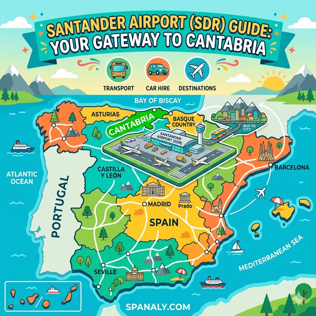 An illustrated map of Spain highlighting Santander Airport (SDR) as the main gateway to Cantabria for Northern Spain travelers.