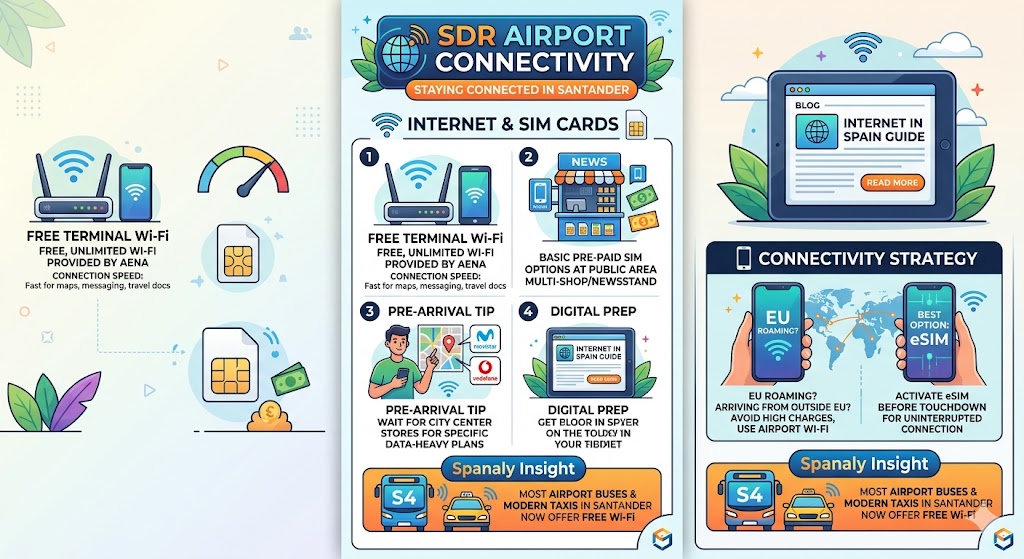 Infographic showing how to get internet at Santander Airport SDR including free Wi-Fi, SIM cards, and eSIM options in Spain.