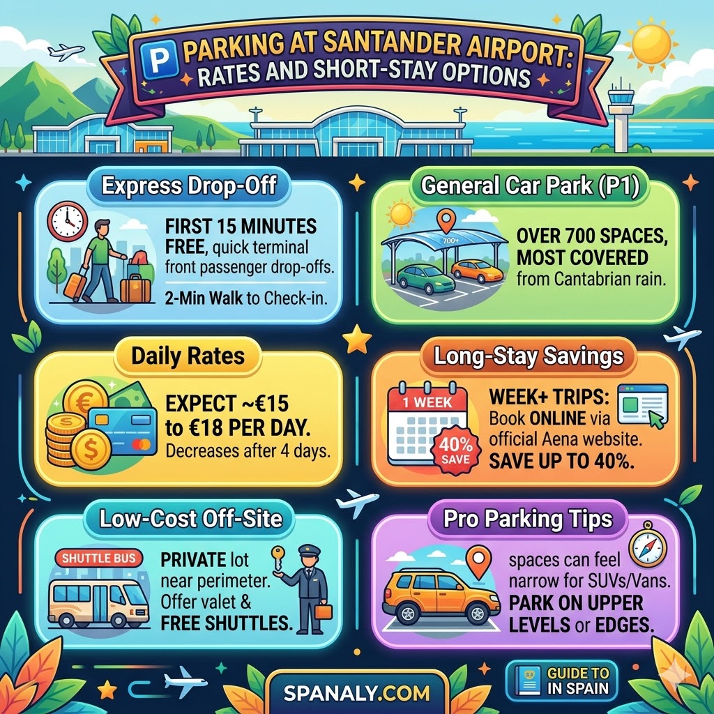 Infographic of Santander Airport (SDR) parking options including express drop-off, daily rates, and long-stay savings tips.