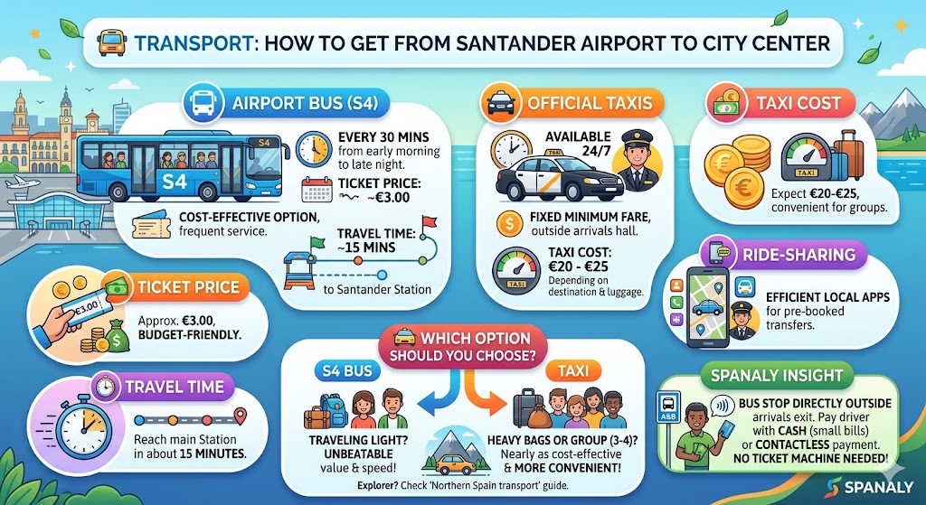 Infographic guide for transport from Santander Airport (SDR) to city center featuring S4 bus details, taxi costs, and Spanaly travel insights.