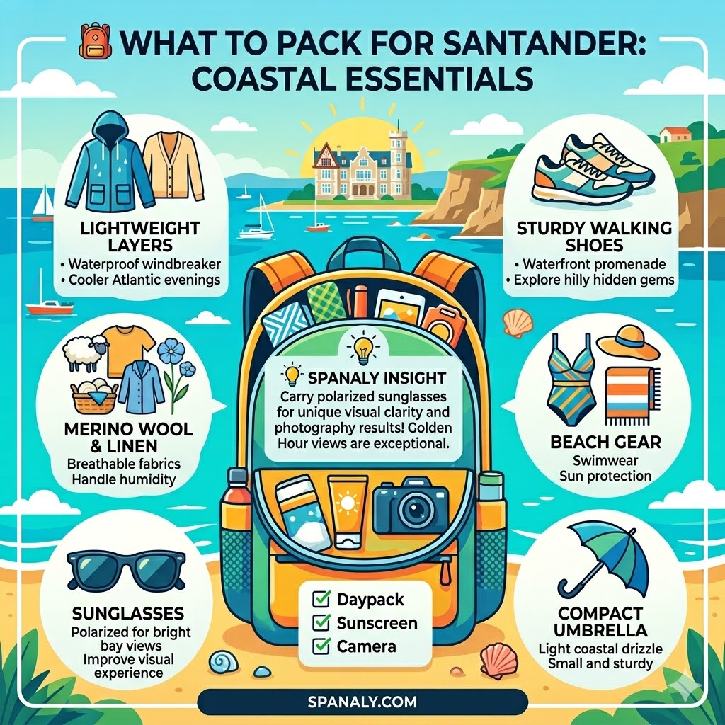 A colorful infographic titled 'WHAT TO PACK FOR SANTANDER: COASTAL ESSENTIALS', featuring illustrated packing tips like lightweight layers, walking shoes, and beach gear with a Spanaly Insight.