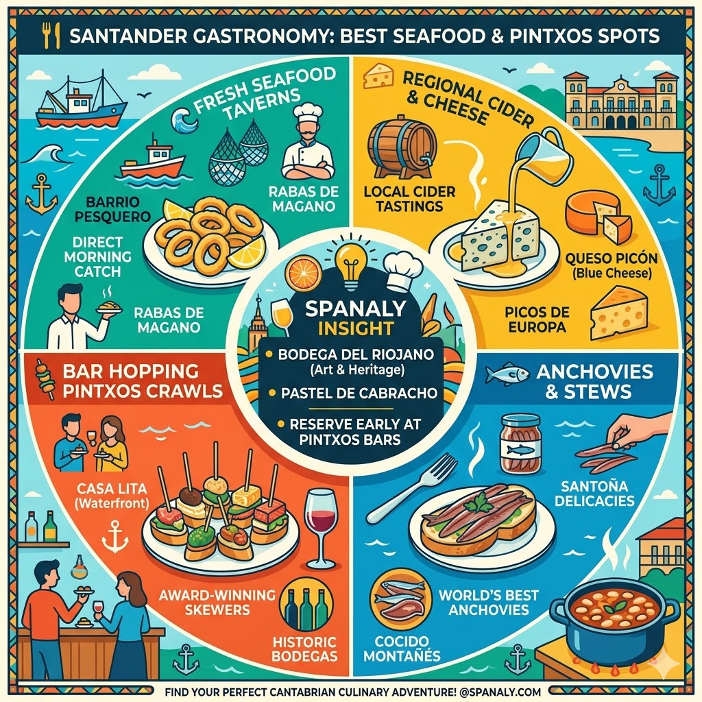 A colorful infographic about Santander gastronomy featuring Rabas de Magano, local cider, Queso Picón, Santoña anchovies, and traditional Pintxos bars.