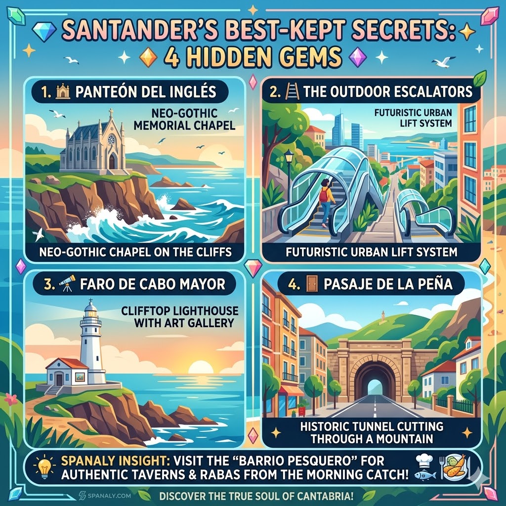 A colorful infographic highlighting 4 hidden gems in Santander: Panteón del Inglés, outdoor escalators, Faro de Cabo Mayor, and Pasaje de la Peña.