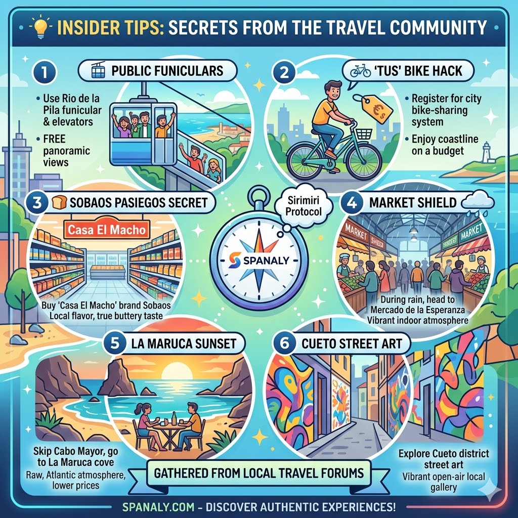 A colorful infographic titled 'INSIDER TIPS: SECRETS FROM THE TRAVEL COMMUNITY' featuring tips on public funiculars, TUS bike hack, Sobaos Pasiegos, and La Maruca sunset.