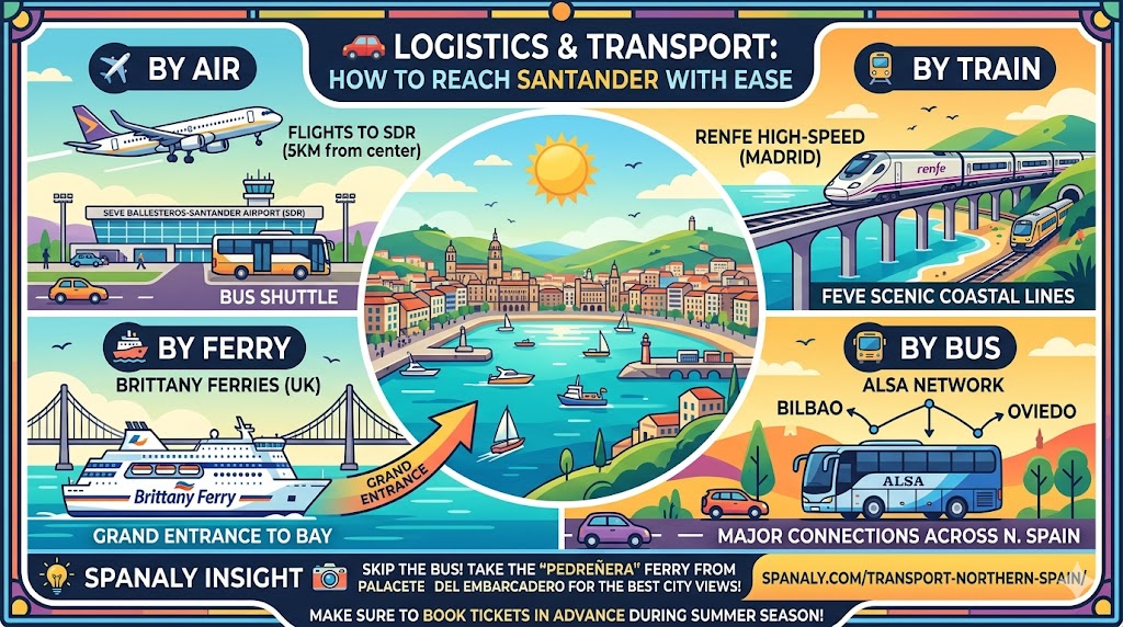 A colorful infographic about logistics and transport options to reach Santander, Spain, featuring sections on flying to Seve Ballesteros Airport (SDR), RENFE and Feve trains, Brittany Ferries, and ALSA buses.