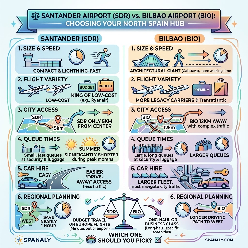 Comparison infographic between Santander Airport (SDR) and Bilbao Airport (BIO) covering size, flight variety, city access, and transit efficiency.