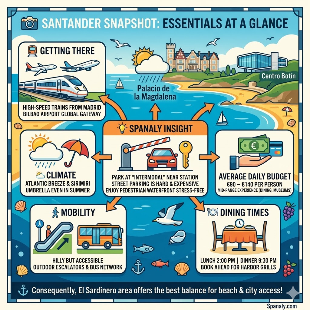 A colorful infographic summarizing Santander travel essentials, including daily budget, Atlantic climate, city mobility with outdoor escalators, and local dining times.