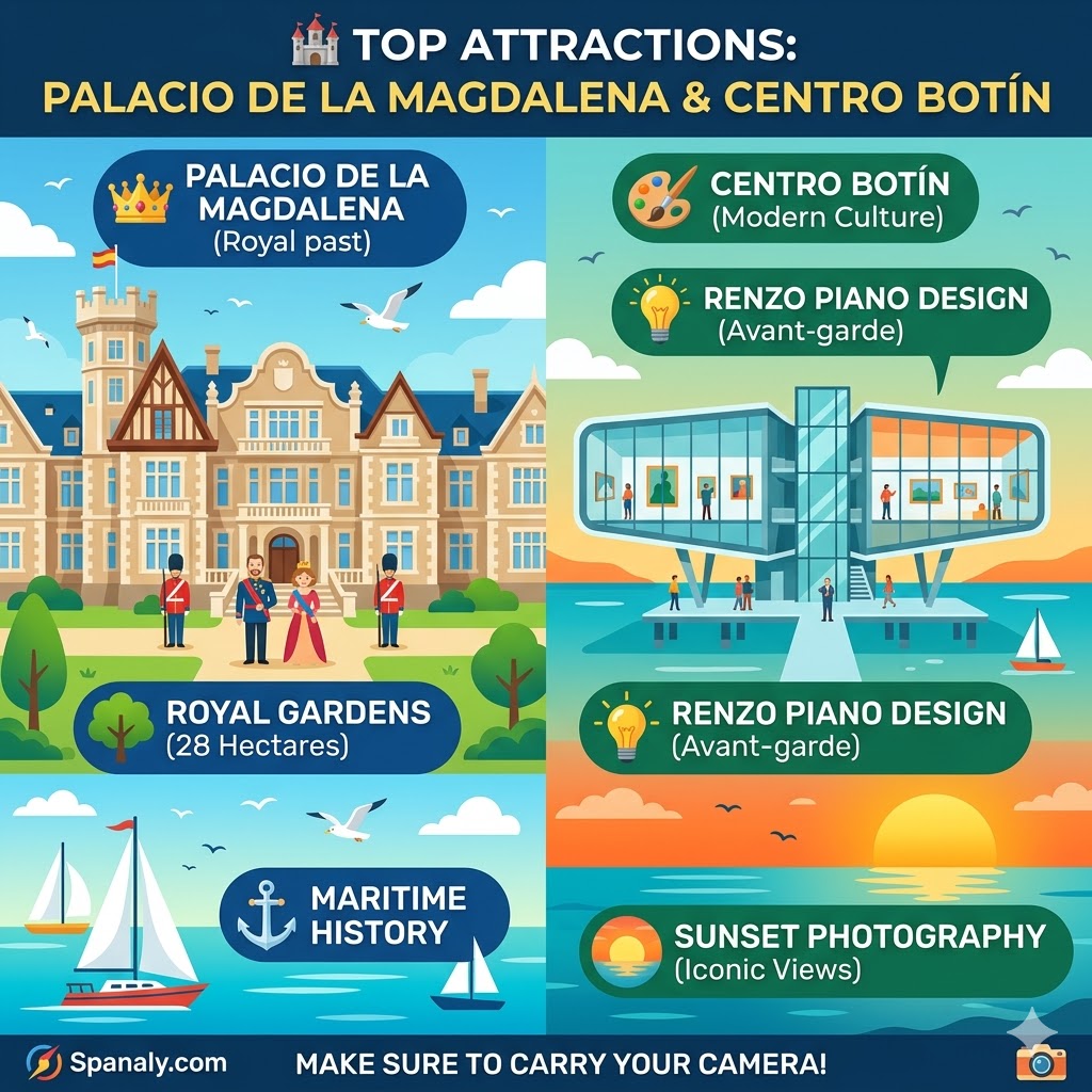 A colorful infographic of Santander's top attractions featuring the royal Palacio de la Magdalena and the modern Centro Botín with maritime history and sunset photography tips.