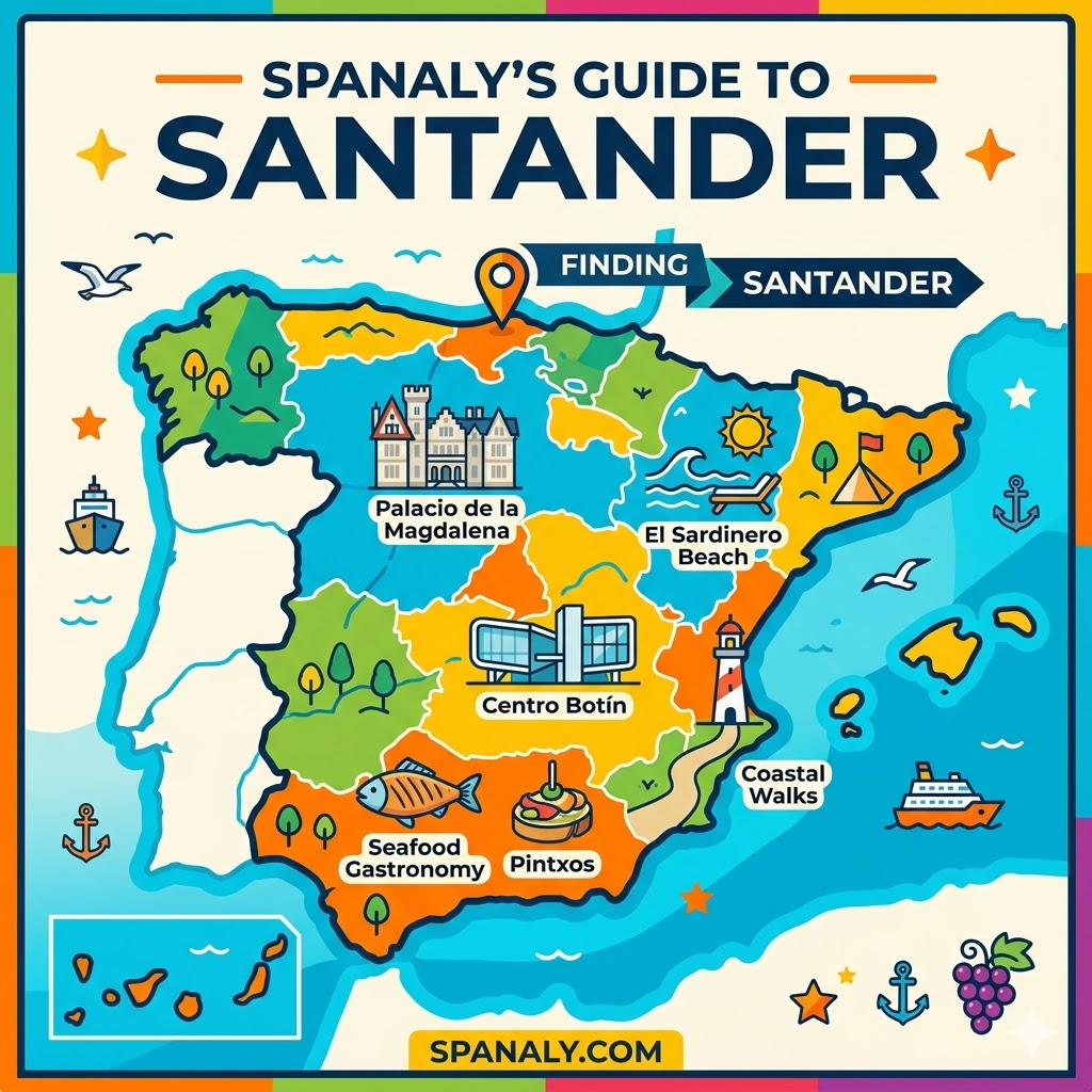 A colorful featured image introducing Spanaly's guide to Santander. It features a large, stylized map of Spain with a finding path and highlights, including iconic symbols like Palacio de la Magdalena, Centro Botín, El Sardinero Beach, seafood, and Pintxos. Clear text at the top and Spanaly.com at the bottom.