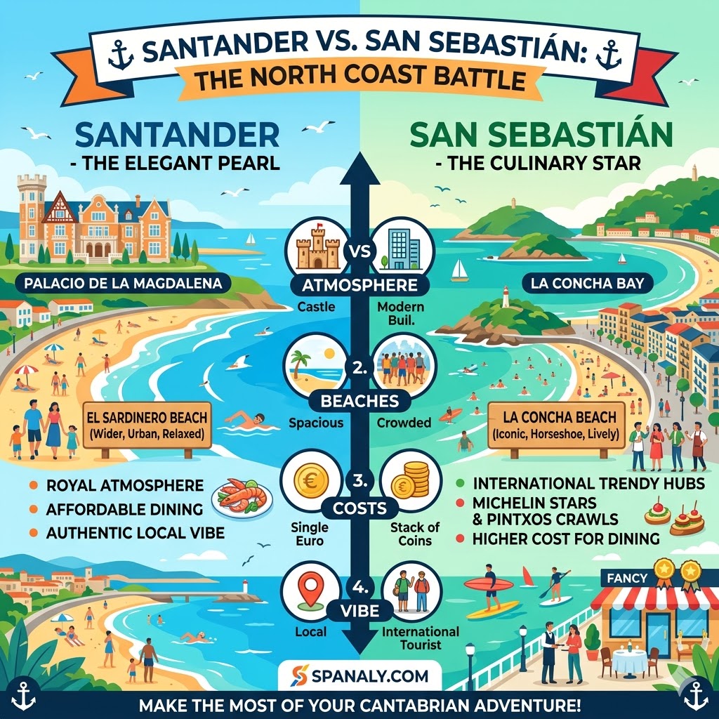 A side-by-side comparison infographic of Santander and San Sebastian, highlighting differences in atmosphere, beach size, costs, and tourist vibes.