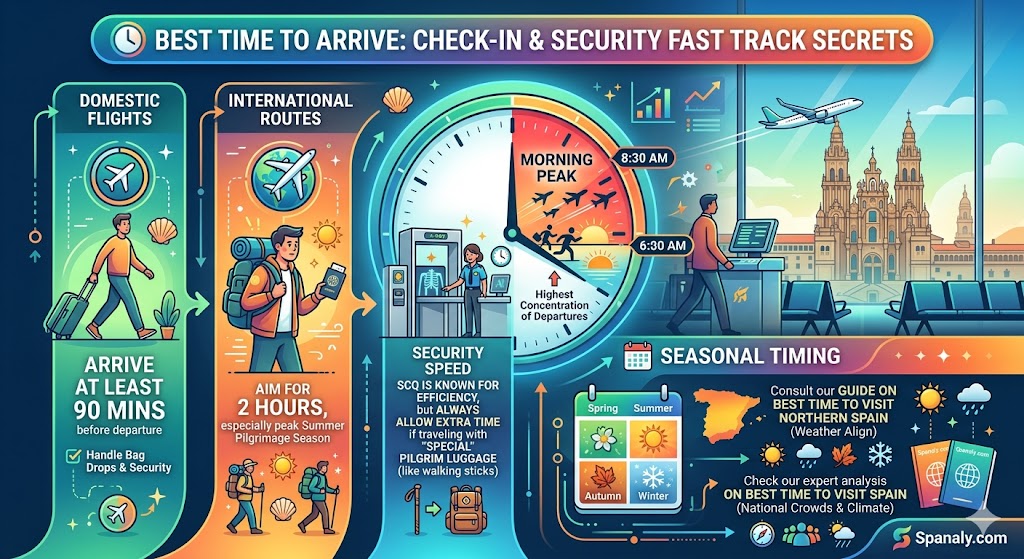 SEO infographic for Santiago de Compostela Airport (SCQ) arrival times, showing domestic and international flight check-in requirements, morning peak hours, and security tips for travelers with pilgrim gear by Spanaly.com