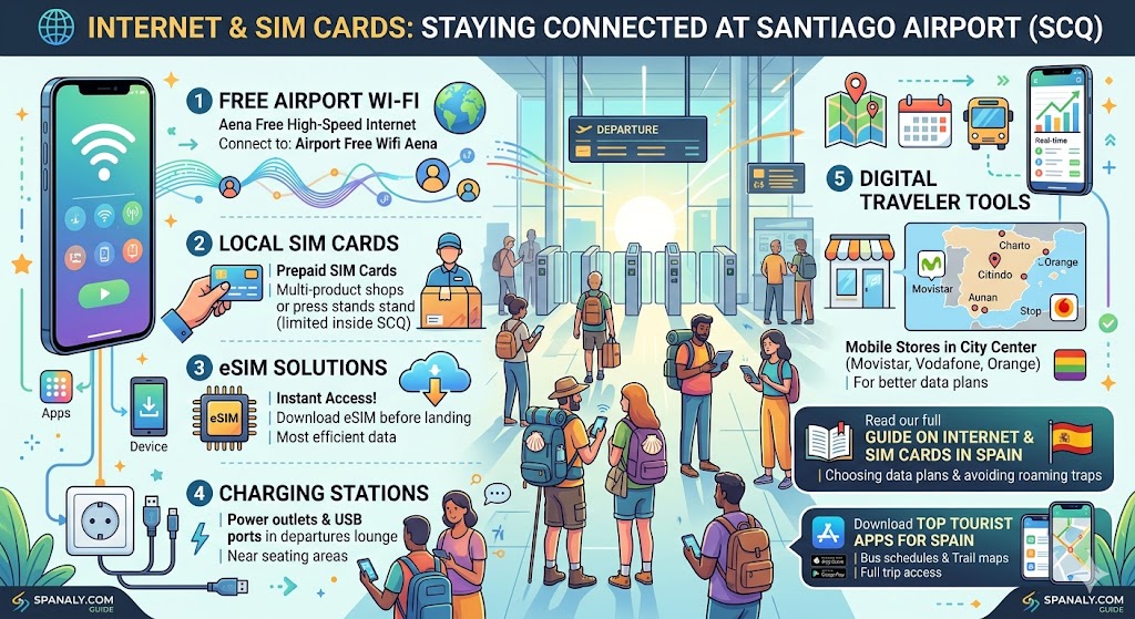 SEO-friendly infographic about staying connected at Santiago de Compostela Airport (SCQ), showing free Aena Wi-Fi instructions, local SIM card availability, eSIM solutions, and charging station locations by Spanaly.com