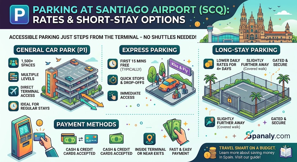 Comprehensive infographic for parking at Santiago de Compostela Airport (SCQ), detailing the General Car Park (P1), Express 'Kiss & Fly' parking, Long-Stay options, and payment methods for travelers and pilgrims by Spanaly.com