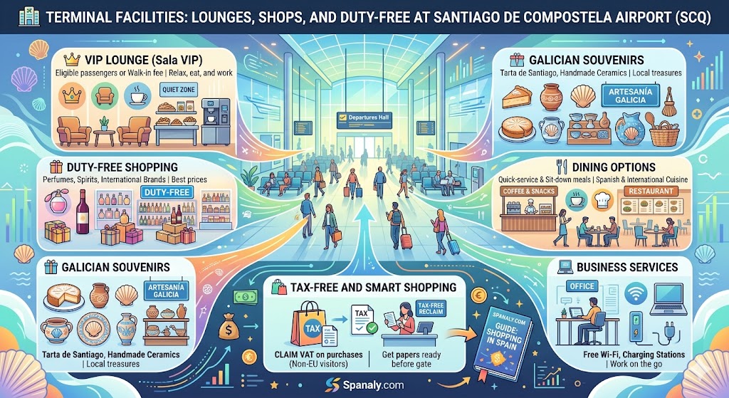 Infographic of Santiago de Compostela Airport (SCQ) terminal facilities, featuring the VIP lounge, duty-free shopping, Galician souvenir shops, dining options, and tax-free shopping guide for non-EU travelers by Spanaly.com