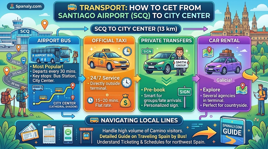 Infographic showing transport options from Santiago de Compostela Airport (SCQ) to the city center, including the airport bus, official taxis, private transfers, and car rentals with travel times and key tips by Spanaly.com