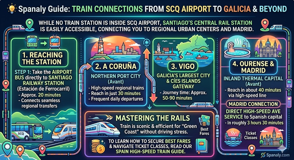 Infographic showing train connections from Santiago de Compostela Airport (SCQ), including travel times to A Coruña, Vigo, Ourense, and the high-speed AVE connection to Madrid by Spanaly.com